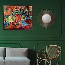 «Sienna Bouquet» в интерьере классической гостиной с зеленой стеной над диваном