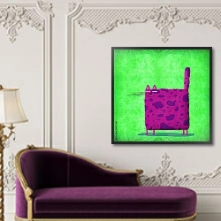 «Фиолетовая квадратная кошка на зеленом фоне» в интерьере зеленой гостиной над диваном