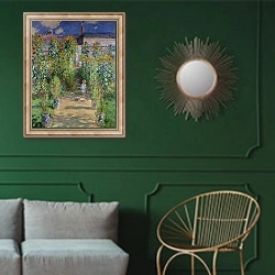 «Monet's garden at V?theuil» в интерьере классической гостиной с зеленой стеной над диваном