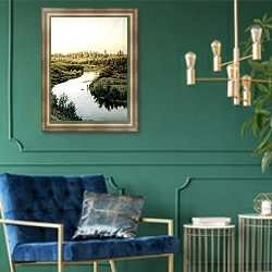 «Пейзаж с рекой. 1900» в интерьере гостиной с розовым диваном