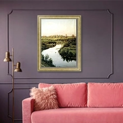 «Пейзаж с рекой. 1900» в интерьере гостиной с розовым диваном