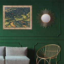 «Krajina» в интерьере классической гостиной с зеленой стеной над диваном