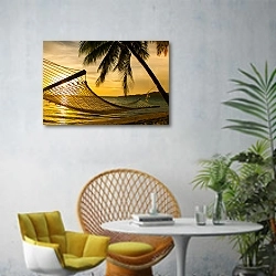 «Гамак на пляже с пальмами на закате» в интерьере современной гостиной с желтым креслом