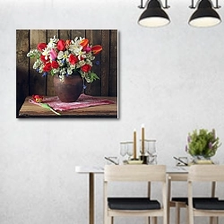 «Натюрморт с весенними цветами 1» в интерьере современной столовой над обеденным столом