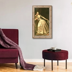 «The Stolen Kiss, c.1788 2» в интерьере гостиной в бордовых тонах
