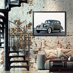 «Packard Super Eight Formal Sedan '1940» в интерьере двухярусной гостиной в стиле лофт с кирпичной стеной
