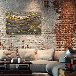 «Серая мраморная скала с золотыми прожилками» в интерьере гостиной в стиле лофт с кирпичной стеной