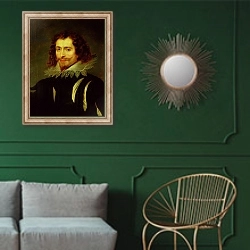 «Portrait of George Villiers 1st Duke of Buckingham» в интерьере классической гостиной с зеленой стеной над диваном