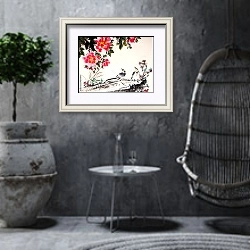 «Китайская традиционная картина с птицами и цветами» в интерьере в этническом стиле в серых тонах