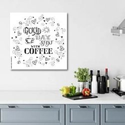«Хороший день начинается с чашки кофе» в интерьере кухни в голубых тонах