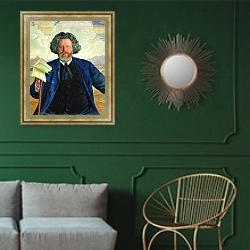 «Портрет М.А.Волошина» в интерьере классической гостиной с зеленой стеной над диваном