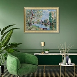 «Spring in Moret-sur-Loing; Le printemps a Moret sur Loing, 1891» в интерьере гостиной в зеленых тонах