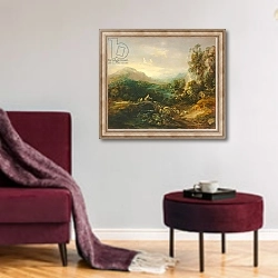 «Mountain landscape with bridge, c.1783-1784» в интерьере гостиной в бордовых тонах