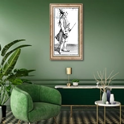 «Caricature of Raimondo Cocchi» в интерьере гостиной в зеленых тонах