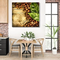«Кофейные зерна и листья на деревянном столе» в интерьере кухни с кирпичными стенами над столом