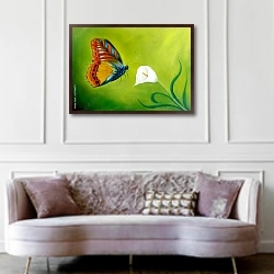 «Бабочка над цветком каллы на зеленом фоне» в интерьере гостиной в классическом стиле над диваном