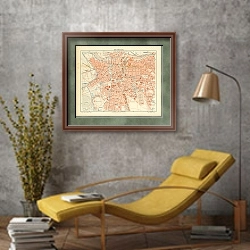«Карта Лейпцига, конец 19 в. 1» в интерьере в стиле лофт с желтым креслом
