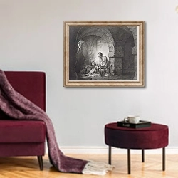 «The Captive, engraved by Thomas Ryder 1786» в интерьере гостиной в бордовых тонах