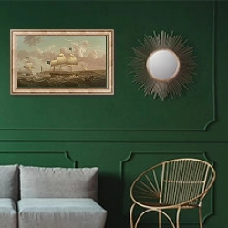 «Корабли выходящие из бухты» в интерьере классической гостиной с зеленой стеной над диваном