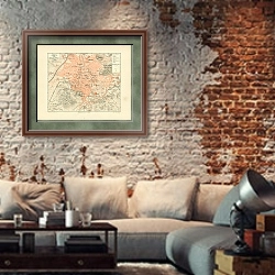 «Карта Афин, конец 19 в.» в интерьере гостиной в стиле лофт с кирпичной стеной