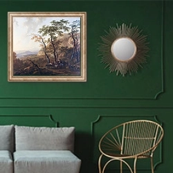 «Горный пейзаж с погонщиком» в интерьере классической гостиной с зеленой стеной над диваном