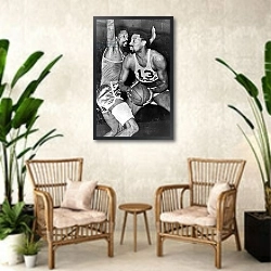«Chamberlain Versus Russell, Philadelphia, Pennsylvania, April, 1966» в интерьере комнаты в стиле ретро с плетеными креслами