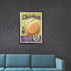 «Свежие куриные яйца, винтажный плакат » в интерьере в стиле лофт с черной кирпичной стеной