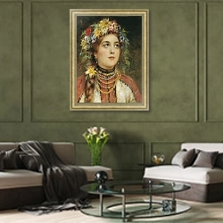 «Русская красавица» в интерьере гостиной в оливковых тонах