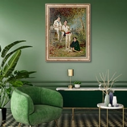 «Three Young Cricketers, c.1883» в интерьере гостиной в зеленых тонах