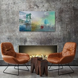 «Красочный Манхэттенский мост» в интерьере в стиле лофт с бетонной стеной над камином