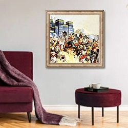 «Zopyrus attacking the Persians outside the walls of Babylon» в интерьере гостиной в бордовых тонах