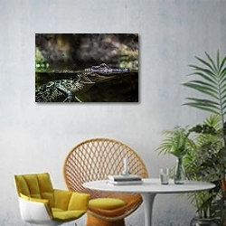 «Молодой крокодил выглядывает из воды» в интерьере современной гостиной с желтым креслом