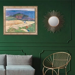 «Урожай - Le Pouldu» в интерьере классической гостиной с зеленой стеной над диваном
