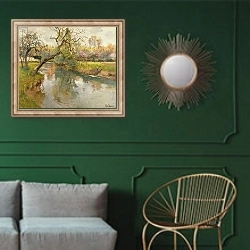 «French River Landscape with a Flowering Tree» в интерьере классической гостиной с зеленой стеной над диваном
