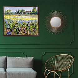 «Irises and Two Fir Trees, 1993» в интерьере классической гостиной с зеленой стеной над диваном
