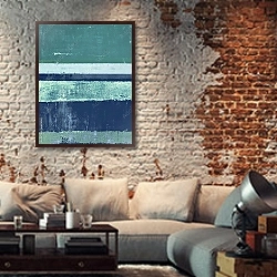 «Синяя абстракция с полосами» в интерьере гостиной в стиле лофт с кирпичной стеной