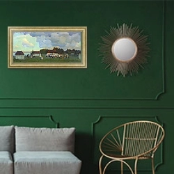 «Пляска на Днепре» в интерьере классической гостиной с зеленой стеной над диваном