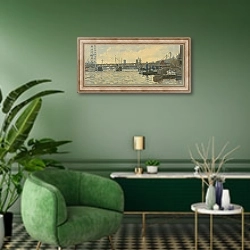 «Темза у  моста Хангерфорд» в интерьере гостиной в зеленых тонах