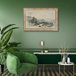 «Lake District Fells, Borrowdale, 1840-58» в интерьере гостиной в зеленых тонах