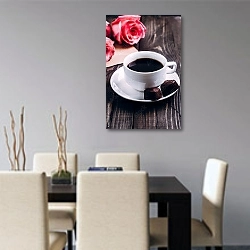 «Чашка кофе с шоколадными конфетами и розовыми розами» в интерьере современной кухни над столом