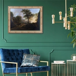 «Горный пейзаж с телегой» в интерьере в классическом стиле с зеленой стеной
