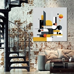 «Composition №2» в интерьере двухярусной гостиной в стиле лофт с кирпичной стеной