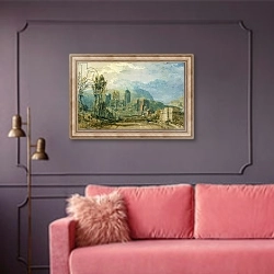 «Tours, Sunset: Looking Backwards, c.1826-30» в интерьере гостиной с розовым диваном