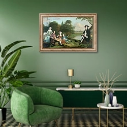 «A family of Anglers, 1749» в интерьере гостиной в зеленых тонах