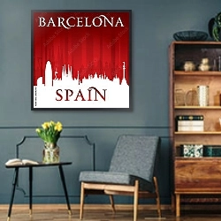 «Барселона, Испания. Силуэт города на красном фоне» в интерьере гостиной в стиле ретро в серых тонах