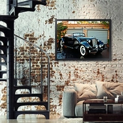 «Cadillac V16 Series 90 Convertible Coupe '1936» в интерьере двухярусной гостиной в стиле лофт с кирпичной стеной