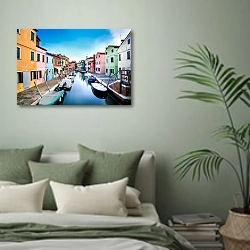 «Красочная венецианская улица с каналом и цветными домиками» в интерьере современной спальни в зеленых тонах