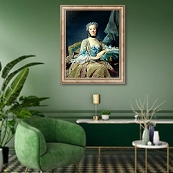 «Madame de Sorquainville, 1749» в интерьере гостиной в зеленых тонах