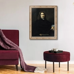 «Portrait, presumed to be Rene Descartes» в интерьере гостиной в бордовых тонах