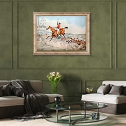 «Fox hunting, 1837» в интерьере гостиной в оливковых тонах